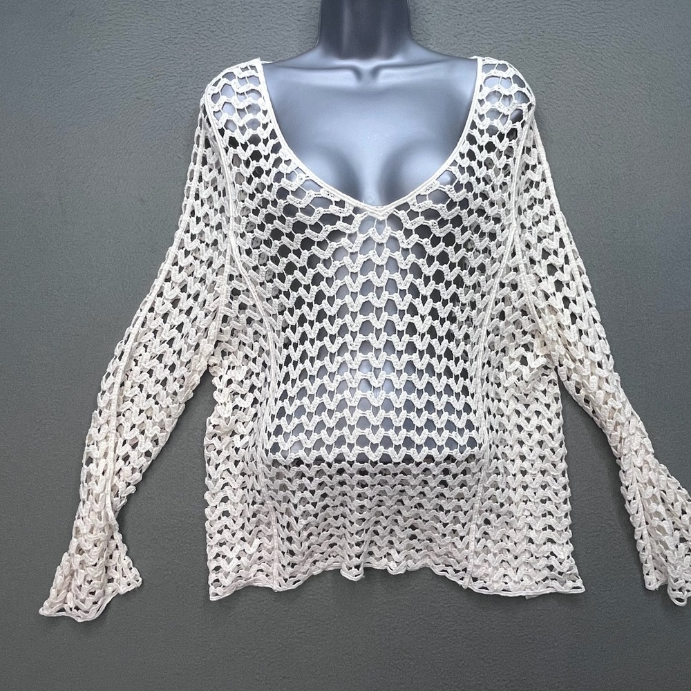 Boho Women Crochet Top Ivory Polyester Medium Open Knit V-Neck Festival Coverup